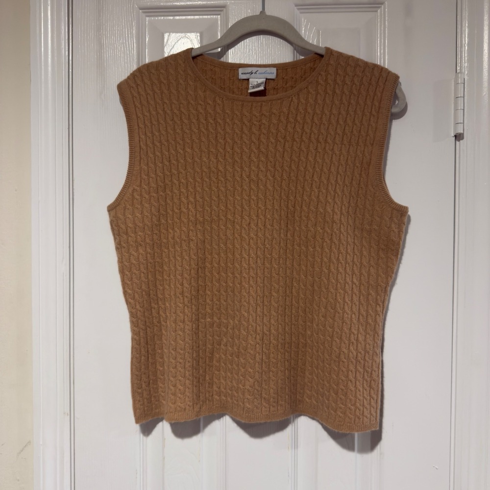 Wendy B Cashmere Vest Womens Large Tan Cable Knit Cozycore Soft‎ Quiet Luxury